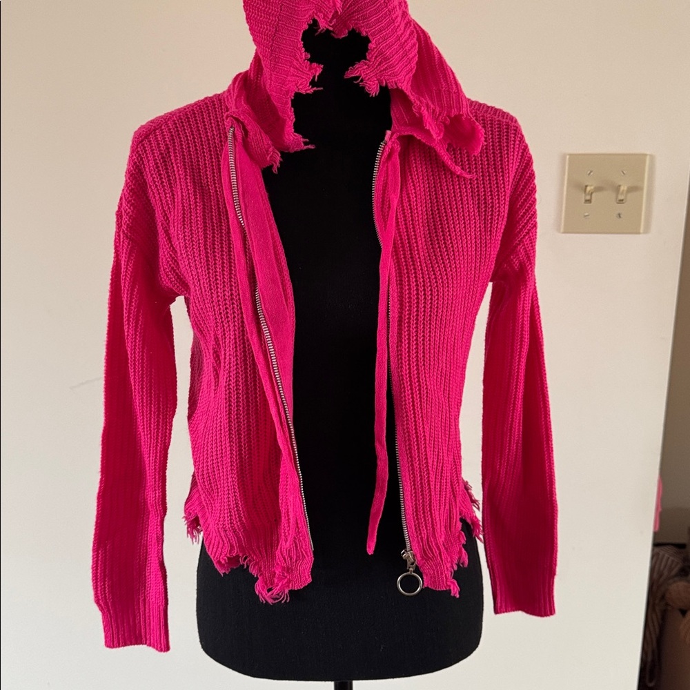 Distressed Hot Pink Hooded Sweater S - Picture 5 of 6